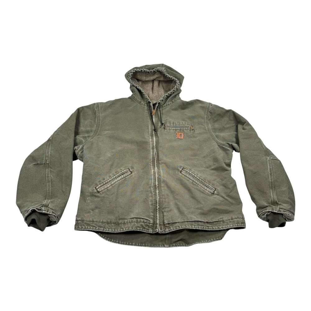 Carhartt Jacket Mens 2XL Green Hooded Canvas Sherpa Lined Work Bomber J141 ARG